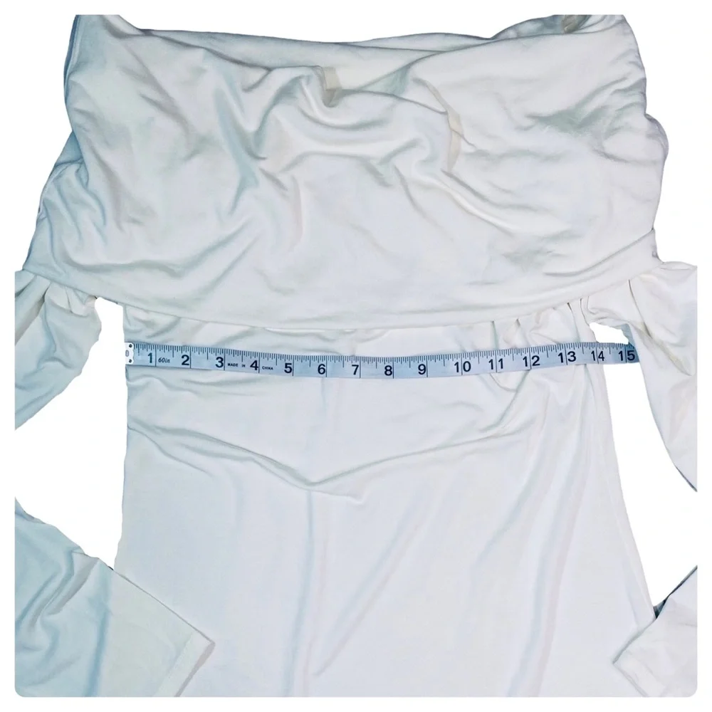 Julian Chang - Off-The-Shoulder Long Sleeve Tunic Top Size L in Winter White - Picture 8 of 15